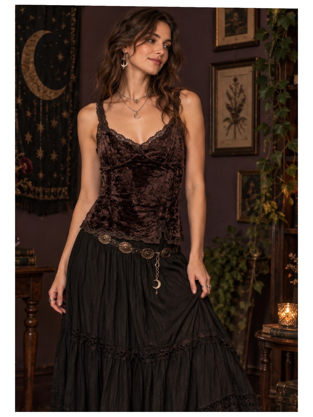 Express Vintage Lace Trim Velvet Whimsigoth Tank Top Women’s L Brown